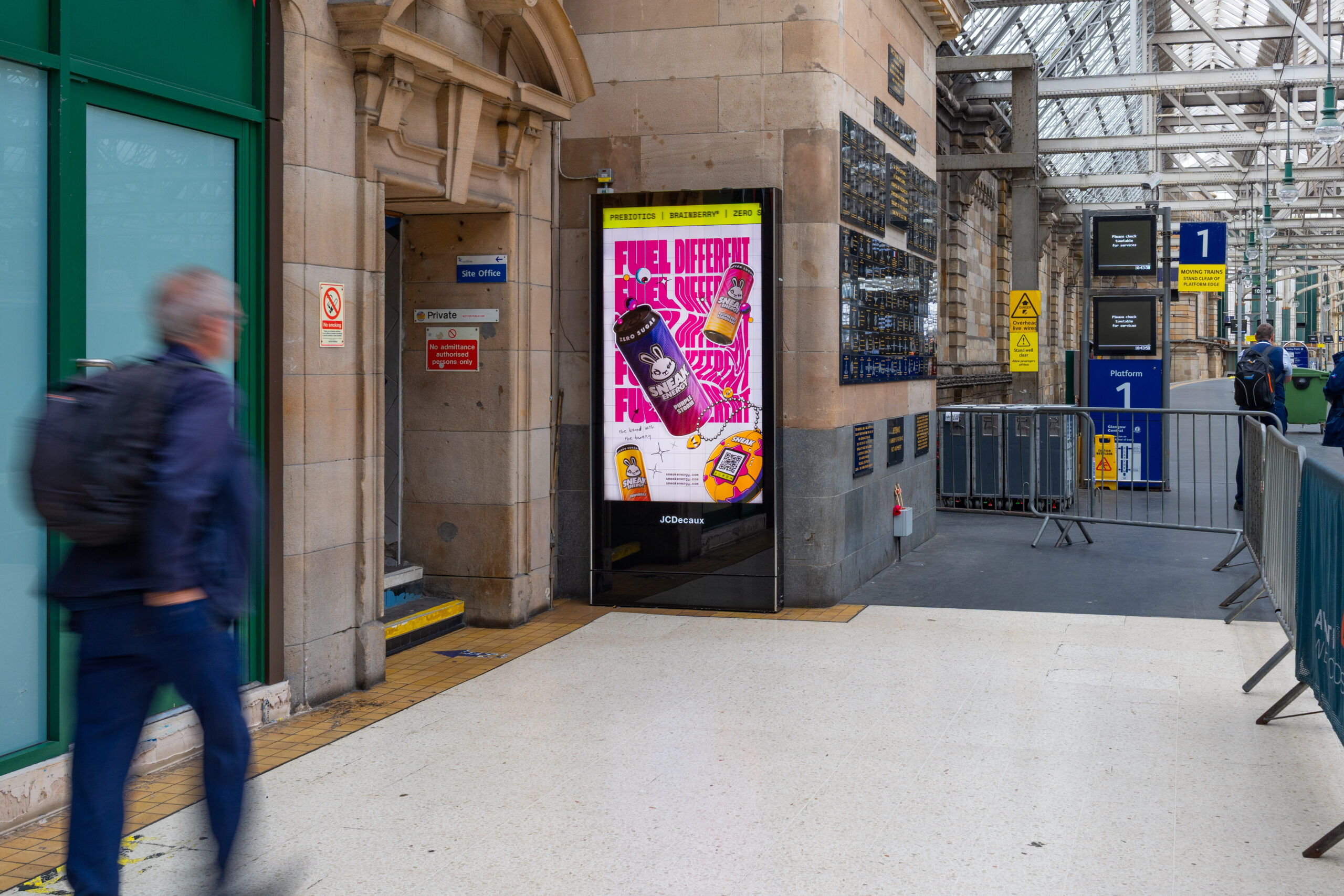 Sneak Energy Rail Advertising - Excite Out Of Home Energy Drink advertising example in a train station.