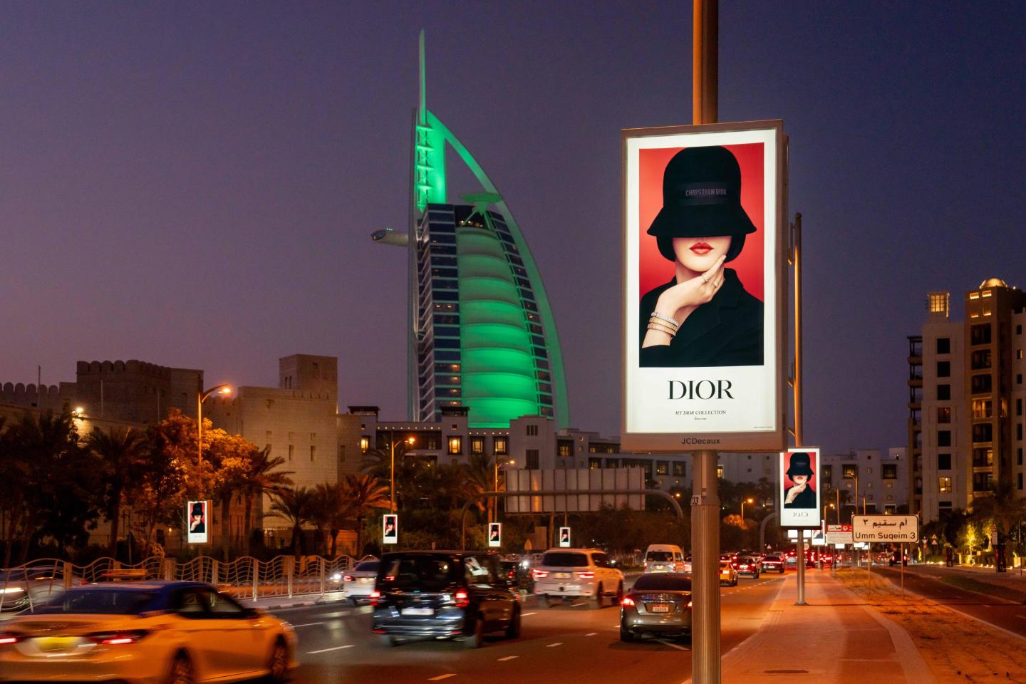 Street-level urban panel advertising in a high footfall area of Dubai