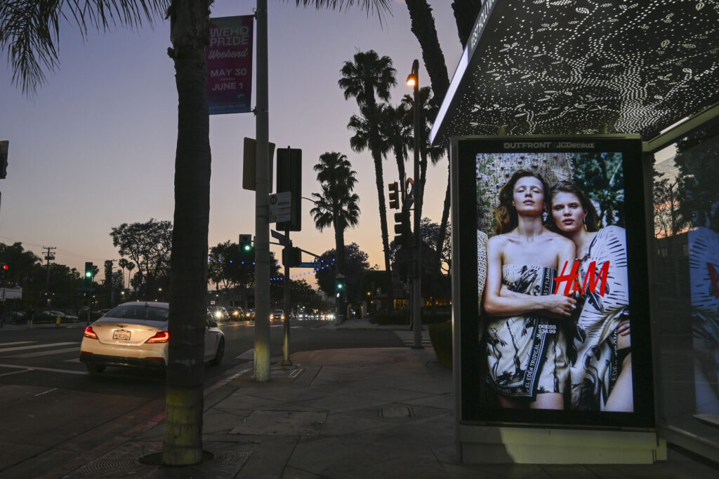 Street furniture advertising in a Los Angeles neighbourhood