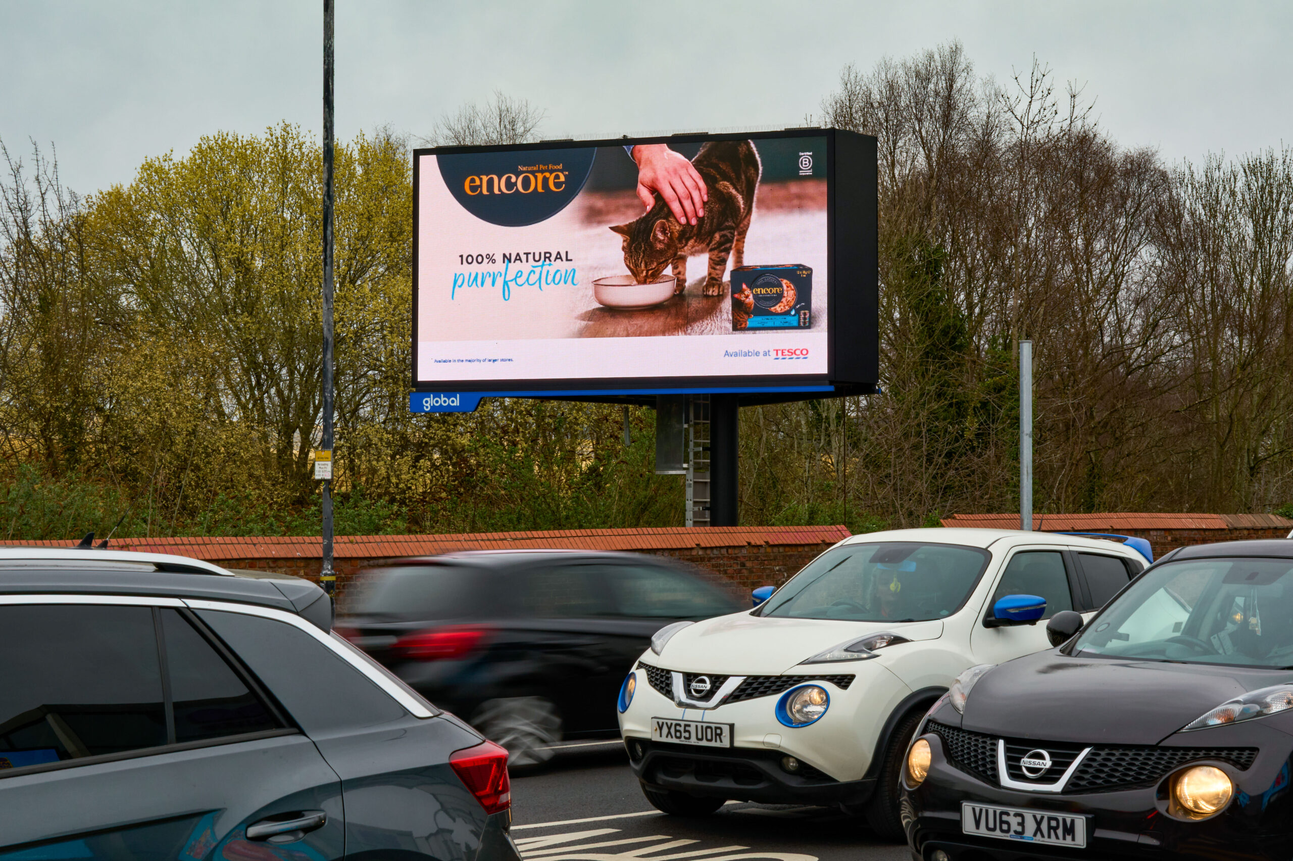 Outdoor advertising billboard for Encore pet food in a parking lot; image shows a cat near a bowl, hand feeding it, and product box with 'Encore' branding and '100% natural perfection' text; Tesco logo visible in corner.